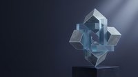 Abstract geometric crystal formation with transparent glass cubes floating in space against dark background for modern design concepts.