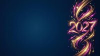Glowing neon 2027 numbers with golden and pink swirling light effects and sparkles on dark blue background for New Year celebration designs.