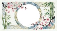 Elegant floral frame with cherry blossoms and bamboo leaves on decorative background. Asian-inspired botanical border for wedding invitations and spring designs.