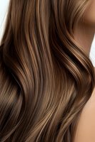 Close-up of glossy brunette hair with caramel highlights flowing in soft waves, showcasing healthy shine and dimension for beauty and haircare advertising.