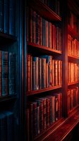 Vintage library bookshelf with antique leather-bound books illuminated by warm red and blue lighting creating atmospheric academic ambiance.