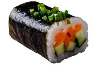 Fresh sushi roll with salmon, cucumber, and green onion garnish on white background, showing cross-section of ingredients wrapped in nori seaweed and rice.