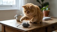 Fluffy ginger cat playing with toy mouse on wooden table near window, indoor pet entertainment and playtime activity.