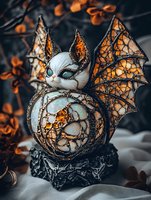 Mystical bat-winged pumpkin art piece with intricate lace-like patterns in orange and white, featuring ethereal glow and marble-style base against dark background.