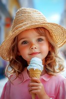 Young girl in straw sun hat enjoying blue ice cream cone on summer day, wearing pink shirt, with natural curly hair and bright expression.
