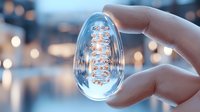Glowing spiral filament inside clear glass egg shape held between fingers against blurred bokeh lights background, modern minimalist design concept.