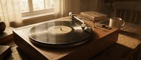Vintage turntable with vinyl record on wooden table in warm sunlit room creating nostalgic atmosphere for music and retro lifestyle concepts.