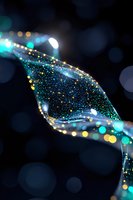Magical glowing wave with sparkling turquoise and gold particles floating in dark space, creating ethereal light effect against black background with bokeh elements.