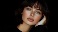 Young woman with striking blue eyes and dark bangs wearing black sweater against dark background, dramatic portrait lighting emphasizes natural beauty and contemplative expression.