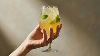 Refreshing citrus cocktail with mint garnish held in hand against warm sunlit background for beverage and hospitality marketing.