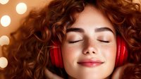 Young woman with curly red hair and freckles wearing red headphones, eyes closed with peaceful smile against warm bokeh background, expressing joy and relaxation.