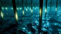 Mystical glowing bamboo forest at night with luminescent blue water reflecting moonlight, creating ethereal atmosphere in dark woodland setting.