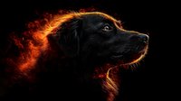 Black labrador retriever dog profile with glowing orange flame effect around fur against dark background, dramatic lighting creates mystical atmosphere.
