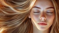 Young woman with flowing blonde hair and freckles in warm sunlight, eyes closed peacefully, natural makeup and glowing skin showing serenity and beauty.