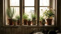 Potted herbs and plants arranged on rustic wooden windowsill with natural sunlight streaming through vintage window frames creating cozy indoor garden.