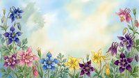 Watercolor columbine flowers border in purple, blue, pink and yellow on soft sky background with copy space for greeting cards.