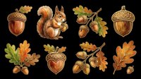 Autumn acorns, oak leaves, and squirrel isolated on transparent background. Ready for t-shirt design, clipart, stickers, sublimation, and print-on-demand projects.