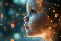 Profile view of young woman with glowing particles and magical light effects against dark background with bokeh lights creating ethereal atmosphere.