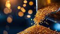 Pouring golden glitter or sequins from tilted container onto surface with bokeh lights in background, suitable for luxury, celebration, and festive design projects.