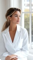 Young blonde woman in white shirt looking thoughtfully out window in bright modern interior for lifestyle and business content.