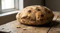 Freshly baked artisan bread loaf on rustic wooden cutting board near kitchen window with natural lighting for bakery and homemade cooking concepts.
