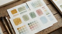 Watercolor paint swatches and color palette samples on paper with brushes on wooden surface for artistic projects and creative design work.