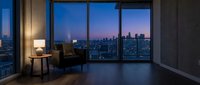 Modern luxury apartment interior with floor-to-ceiling windows overlooking illuminated city skyline at dusk, featuring contemporary furniture and ambient lighting for upscale residential design.
