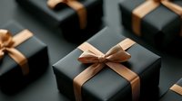 Elegant black gift boxes with copper satin ribbons and bows arranged in rows creating luxurious composition for special occasions and holiday celebrations.