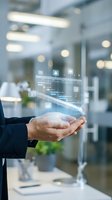Businessman holding holographic data analytics display with financial charts and business icons in modern office environment.