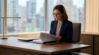 Professional businesswoman in glasses working on laptop at modern office desk with city view background for corporate presentations.