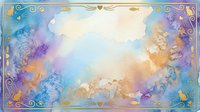 Watercolor background with gold border featuring cats, fish and paw prints in blue, purple and golden tones, perfect for pet-themed greeting cards.