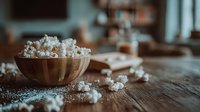 Fresh popcorn in wooden bowl on rustic table with scattered kernels and salt, cozy kitchen background for snack and entertainment concepts.