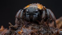 Macro shot of jumping spider with water droplets on dark exoskeleton, orange highlights and textured background showing intricate details of arachnid eyes and body structure.