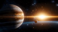 Majestic gas giant planet with visible atmospheric bands and moons orbiting in space against bright star and cosmic background. Dramatic space exploration scene.