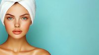 Young woman with glowing skin wearing white towel on head against turquoise background. Natural makeup, fresh spa look. Wellness and skincare concept.