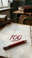 Vintage classroom scene with red pencil and paper showing 100 score on wooden desk with old books and school furniture in background for education concepts.