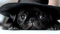 Adorable black pug puppy wearing classic fedora hat looking up with expressive blue eyes and wrinkled face against light background, close-up portrait.