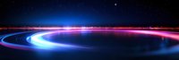 Glowing neon light trails curve along dark horizon with vibrant blue and pink streaks creating futuristic motion effect against starry night sky background.