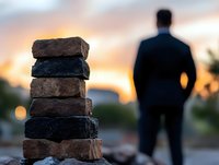 Businessman in dark suit contemplating at sunset with stacked stones in foreground creating mindful leadership and work-life balance concept.
