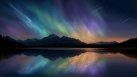Stunning aurora borealis and meteor shower over mountain lake at night, colorful northern lights reflected in calm water surface with silhouetted peaks.
