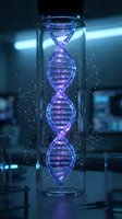 Glowing DNA double helix structure in glass test tube with purple blue light effects in modern laboratory setting for genetic research and biotechnology.