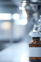 Medical glass bottle with blank label in laboratory setting against blurred bokeh background, creating modern pharmaceutical atmosphere.