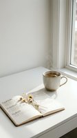 Cozy morning scene with coffee cup and open book on white windowsill with dried flowers creating peaceful reading atmosphere for relaxation and mindfulness.