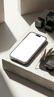 Modern smartphone mockup on concrete surface with geometric shadows and minimalist design elements for branding presentations.