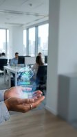 Businessman hand holding holographic brain with cognitive capacity loading bar in modern office workspace for artificial intelligence concepts.