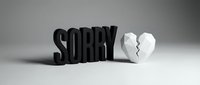 Bold black SORRY text with a geometric broken white heart on a neutral background, symbolizing apology, regret, and emotional pain.