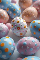 Colorful Easter eggs decorated with polka dot patterns in pastel pink and blue tones with orange and white spots, arranged in soft lighting for holiday celebration.
