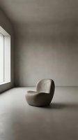 Minimalist interior with curved stone armchair in empty concrete room with natural light from window, modern furniture design concept.