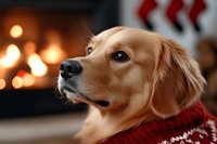 Golden retriever dog wearing red knitted sweater sitting by warm fireplace during cozy winter evening at home for holiday season comfort.