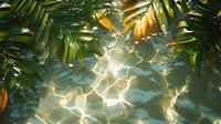 Sunlight creates shimmering water reflections beneath tropical palm fronds, creating a serene underwater atmosphere in a natural pool.